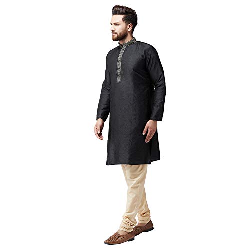 Image of SOJANYA (Since 1958 Mens Maroon Jacquard Silk Kurta and Black Churidaar Pyjama Set