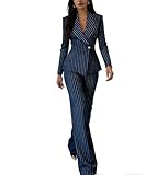 Miesuit Navy Blue Pinstripe Suit for Women 2 Piece Fall Fashion Office Outfits Casual Autumn Gold Button Womens Stripes Pant Suits for Work Professional Size 10