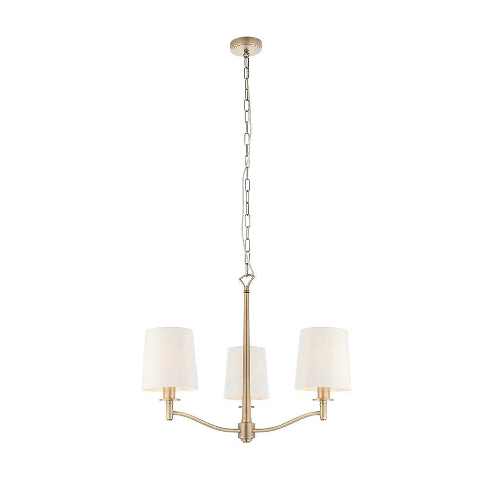 Endon 73411 Ortona Three Light Ceiling Pendant Light In Matt Antique Brass And White Faux Silk Shade