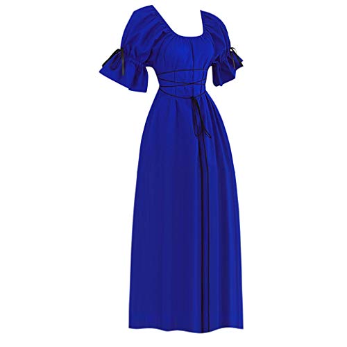 JURTEE Women Vintage Medieval Dress Solid Color Square Collar Flared Short Sleeve Cosplay Bandage Princess Dress(XL,Blue)