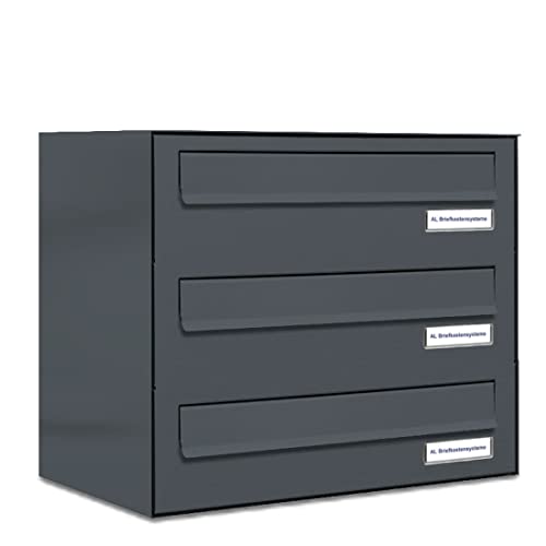 AL Briefkastensysteme 3er Briefkasten für Tür/Zaundurchwurf in Anthrazit Grau RAL 7016, 3 Fach, wetterfeste Briefkastenanlage Design modern