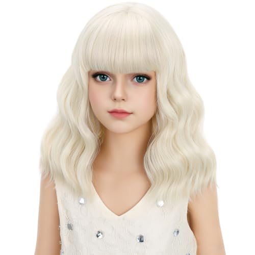 Image of Light Blonde Wig Short Platinum Blonde Wavy Curly Wigs with Air Bangs Synthetic Cosplay Hair Wig