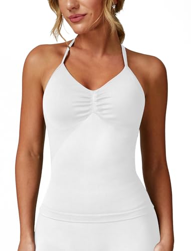 ABOCIW Womens Impact Longline Strappy Top Halter Sports Bra Sleeveless Gym Yoga Workout Tank Tops with Bra, White, Small