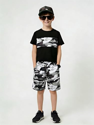 Image of Boys' 2 Piece Summer Outfit Cool Dinosaur & Camouflage Graphic Short Sleeve Tee & Shorts Set Size 4-12