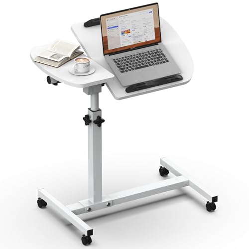 Soontrans Betttisch auf Rollen, 60×40cm, Laptoptisch Höhenverstellbar, Beistelltisch Bett mit Mehreren Winkeln neigbarer Platte, für Krankenbett, Pflegebett, Wohnzimmer, Schlafzimmer, Büro (weiß)