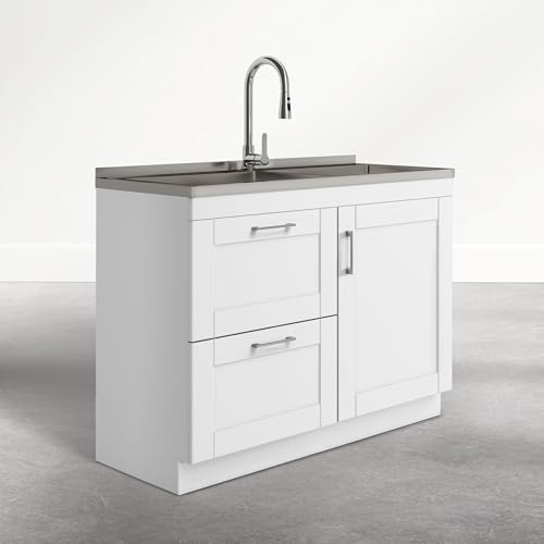 Image of SIMPLIHOME Modern Wide Shaker All-in-One 46 inch Wide Utility Sink and Laundry Cabinet in Glacier White Finish, Transitional Stainless Steel Sink Cabinet for Laundry Rooms with High-Arch Chrome Faucet