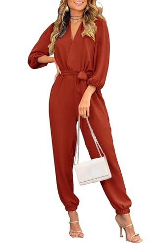 PRETTYGARDEN Women's Fall Jumpsuits Dressy Casual Pants Romper Spring Long Sleeve V Neck Belt Pockets One Piece Outfits