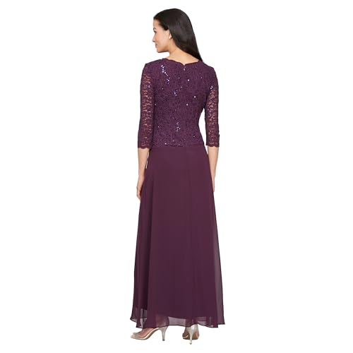 Alex Evenings Women's Long Mock Dress with Sequin Lace Bodice and Illusion 3/4 Sleeves, Deep Plum, 6