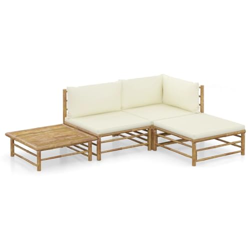 Anself Set de Muebles de Jardín de Bambú con Cojines Blanco Crema, Sofá Esquinero, Central, Reposapiés y Mesa