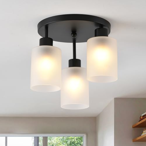 IHENGYANLT 3-Light Industrial Farmhouse Black Matte Light Fixtures Ceiling Mount, with Frosted Glass Shades Semi Flush Mount Ceiling Light, for Hallway Fixtures Kitchen, Foyer