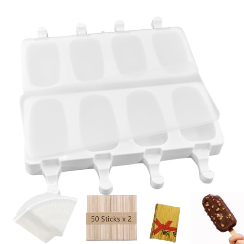 Aicerous® 2 Pcs Moldes Grandes Silicona Helados con Tapa, Juego de Moldes para Polos, Molde Helados Magnum, sin BPA, con 100 palos de madera, 100 bolsas OPP, 100 tiras embalaje (A)
