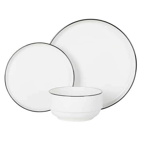 Image of Gibson Home Rothernberg Plates and Bowls 18 Piece Porcelain White Dinnerware Set W /Black Rim | Stackable Dishes | Microwave & Dishwasher Safe
