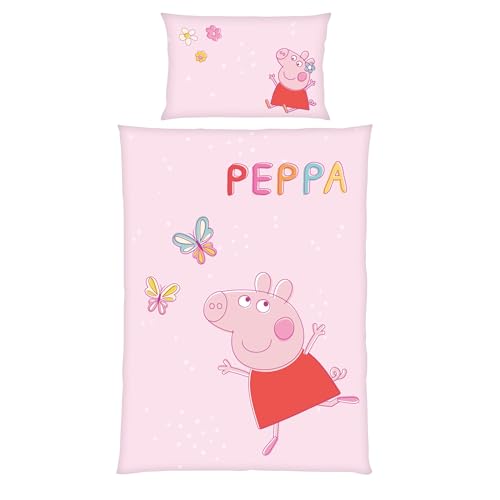 Peppa Pig Parure de lit pour enfant | Housse de couette 100 x 135 cm et taie d'oreiller 40 x 60 cm | Coton respirant | Avec fermeture éclair | Papillon Peppa...