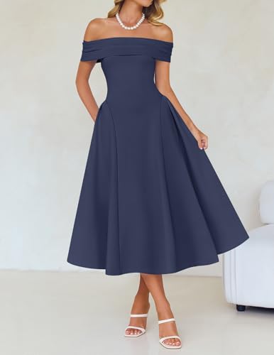Image of ZESICA Summer 2026 Cocktail Dresses for Women's Off Shoulder Short Sleeve Swing A Line Wedding Evening Party Midi Dress