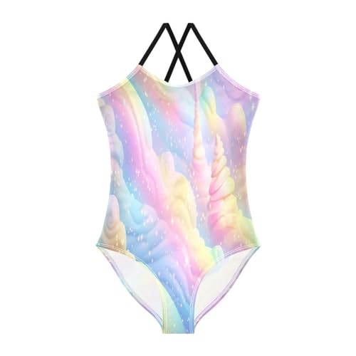 Girls Swimsuit One Piece Halter Bathing Suit Rainbow Ice Cream Swirl Print Kids Summer Beach Swimwear（811）