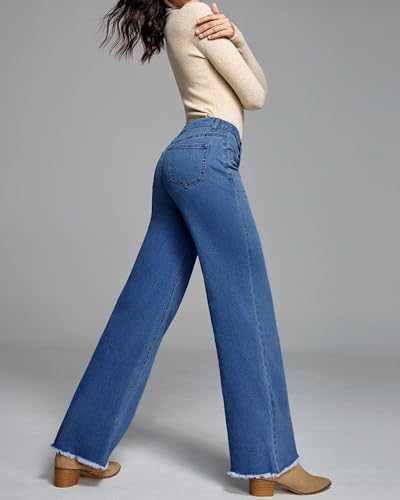 Flvsun Women's Wide Leg Jeans High Rise Stretchy Button Fly Denim Straight Leg Pants with Raw Hem & Comfort Fit Mid Blue XS — view 5