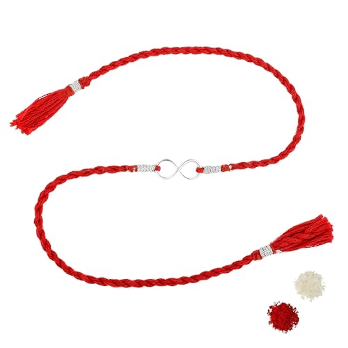 Image of ROOVI Pure 925 Sterling Silver Rakhi for Bhai with Roli Chawal | Chandi Ki Rakhi Original | Krishna Morpankh, Trishul, Ganesh, Ram, Om, Evil Eye, Infinity Rakhi for Brother With Certificate