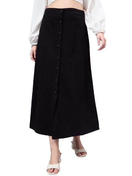 Image of Style Quotient Women Black A-Line Maxi Denim Skirt