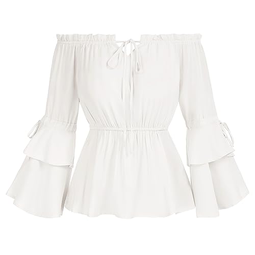 Mittelalter Cottagecore Bluse Off Shoulder mit Rüschen Gesmokt Taille...