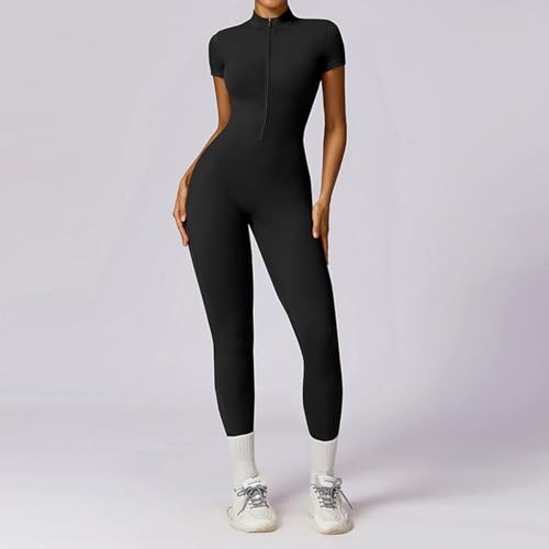 Litthing Women Yoga Jumpsuit Zip up Unitard Short Sleeve Bodysuit Sports Romper Stretchy Bodycon Playsuit Workout Outfit Slim Fit One Piece Smooth Touch Bodysuit Fitness Sportswear Daily Wear