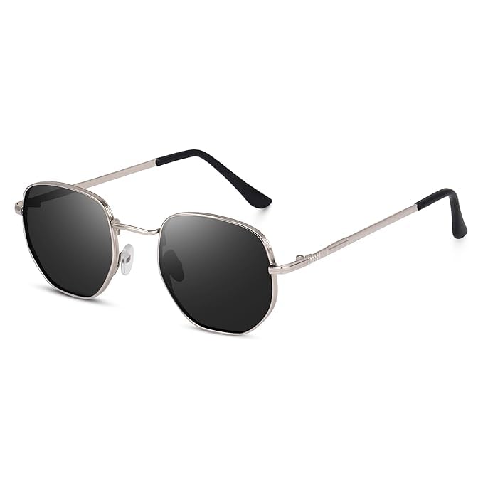 Hexagonal Polarized Sunglasses Men Women Geometric Square Small Vintage Metal Frame Retro Shade Glasses, Silver-image-17