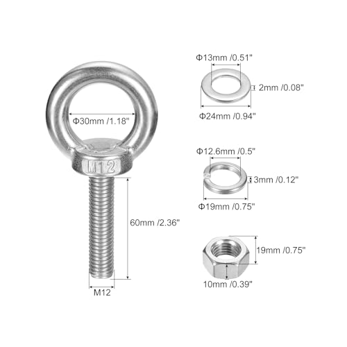 Image of uxcell Lifting Eye Bolt, 1 Set M12 x 60mm Eye Bolt with Nut Washer 304 Stainless Steel Shoulder Lifting Ring Eye Bolt for Hanging Item