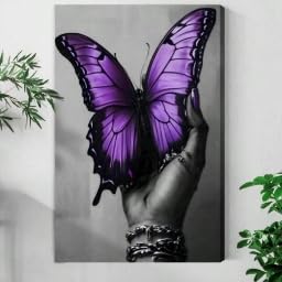 Toile papillon violet déco murale surréaliste 60 x 80 cm avec cadre intérieur bois