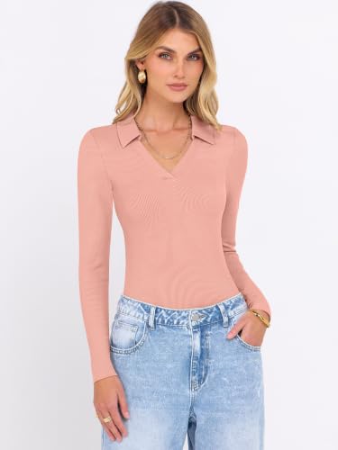 ANRABESS Women Long Sleeve Polo Shirts V Neck Slim Rib Knit Collared Dressy Business Casual Top 2026 Basic Tee Fall Outfits Orange M — view 5