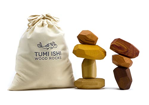 Product Image of the Tumi Ishi 7 Piece Wood Rock Set - Mixed Wood Species - Balancing Blocks - Natural Wood Toy - Organic Jojoba oil and Beeswax Finish - Handmade Wooden Toys - Sensory Toy - USA Made - Personalizable