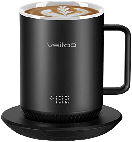 VSITOO S3 Temperature Control Smart Mug with Lid, Coffee Mug Warmer with Mug for Desk Home Office, App Controlled Heated Coffee Cup, Self Heating Coffee Mug 10 oz, Electric Mug-Black Inner Wall