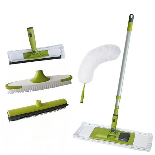 HOME MAX 5 in 1 Home Cleaning Kit with Extension Pole Replacement Heads to Keep All Surface of Homes Tidy | Includes Soft Rubber Broom Indoor, Window Cleaner, Duster, Flat Mop and Brush