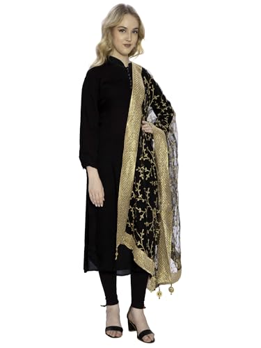 Image of ZEN APPAREL Women's Embroidered Net Dupatta with Lace Borders (Z-101) Premium Net Fabric Golden Aari Work
