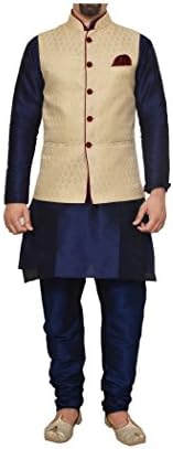Mag Men's Nevy Blue Matching silk Kurta Churidhar With Sky Blue Joot Waistcoat