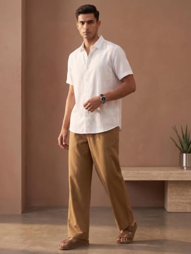 Image of SAADAA Men's 100% Cotton Pants | Mid-Rise Straight Fit Casual Trousers with Elastic Waistband and 3 Pockets | Everyday Wear