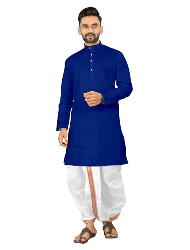 Image of UNIQUE MOMENTS Men's Cotton Dhoti Kurta Set with Full Sleeves Solid Pattern Modern Style and Mandarin Collar Neck | Perfect for Puja & Celebrations
