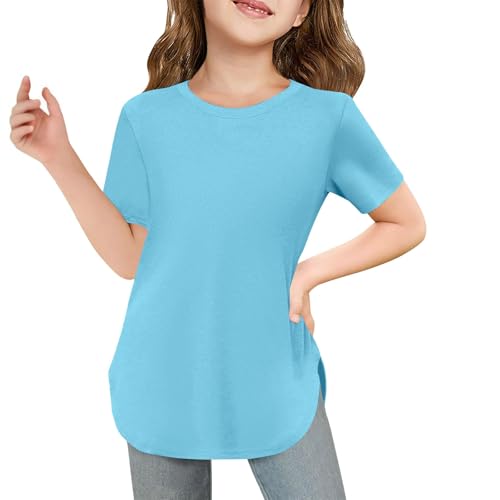 Girls Curve Hem Short Sleeve Shirts Side Slit Crewneck Soft Casual Tops Lightweight Solid Tuni𝗰 Blouse for Kids