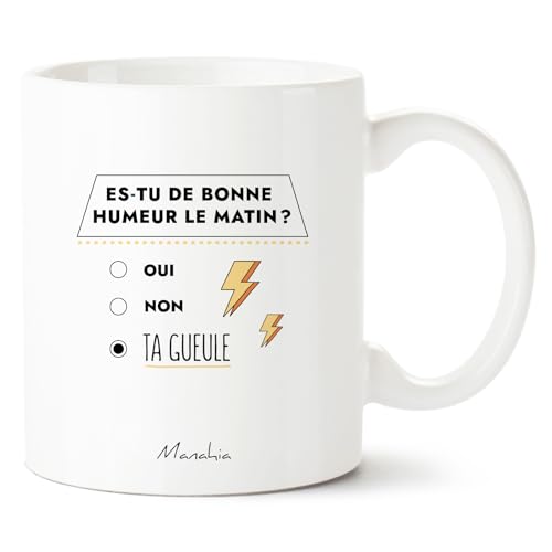 Manahia Mug humoristique - Êtes-vous de bonne humeur le matin ? Oui, Non, Ta gueule - Mug original amis, mug humour - Cadeau geek, collègue - Boite kraft...