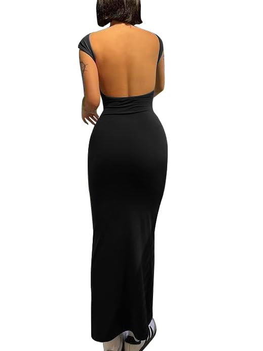 AYWA Womens Sexy Backless Maxi Dress Casual Bodycon Short Sleeve Party Club Long Dresses (Black, X-Small)
