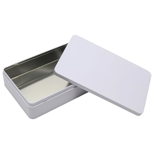 Image of White Metal Tin Box with Lid, 8.5 x 5.3 x 1.9 Inch Rectangular Empty Tin Box for Home Storage