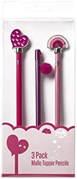 Tinc Mallo Pencil Toppers Pack of 3 Set with Case | for use at School & Homework | for Girls and Boys - 3 Different Fun Designs - Metal Character Top | Comes with Pencils - Pink