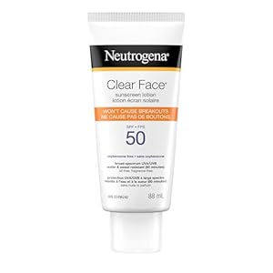 Neutrogena Clear Face Sunscreen Lotion for Acne-Prone Skin, Broad Spectrum SPF 50 UVA/UVB Protection, Oil-, Fragrance- & Oxybenzone-Free Facial Sunscreen, Non-Comedogenic, 88 mL
