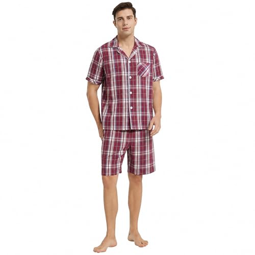 Image of Vulcanodon Mens Cotton Pajama Set Short Sleeve, Button Down Pajama Set for Men Lightweight Men's Sleepwear