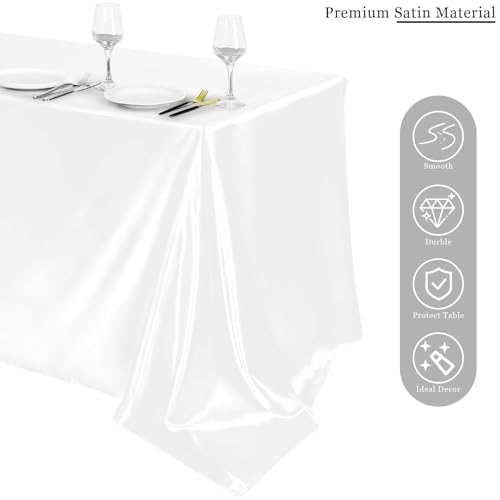 Image of TURSTIN 4 Packs Satin Tablecloth 102 x 58 Inch Overlay Satin Table Cover Rectangle Bright Silk Tablecloth Smooth Fabric Table Decoration for Wedding Banquet Party Events, White