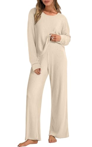 Joligiao Conjunto Dos Piezas de Tejido Mujer Casual Conjunto Punto Mujer Tops de Manga Larga Cuello Redondo y Pantalones Talla Grande Suelto Chándales para Mujer Deportivo(Beis,M)