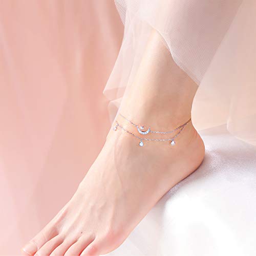 Star & Moon Layered Anklet 925 Sterling Silver For Women Girls Adjustable Ankle Bracelet Boho Beach Foot Chain 9+1.5 Inch Charm Jewelry Birthday Christmas Gifts #TOP1