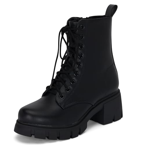 STYLISH S TAMMY ~ Women's Lace-up Chuncky Lug Sole Platform Low Heel Combat Ankle Boots with Side Zipper