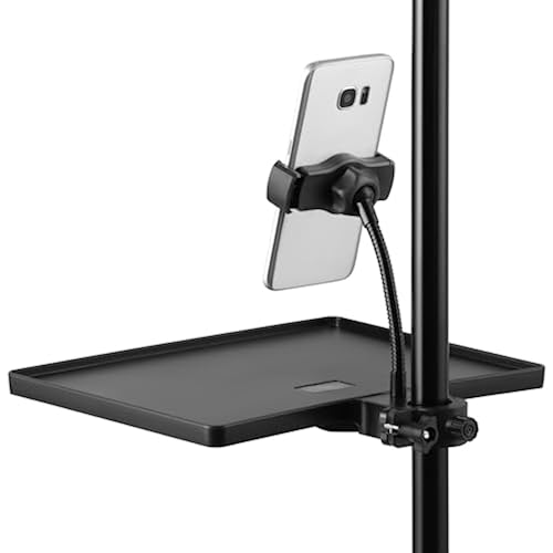 2-In-1 Microphone Stand Tray with Phone Holder, Clamp-On Mic Rack Tray Height Adjustable with Firm O-Ring Clamp, Mic Sound Card Holder for Recording, Live Streaming, Stage Performance