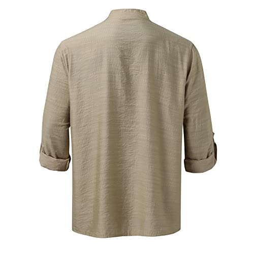 Mens Roll Long Sleeve Henley Shirts Linen Cotton Botton Down Beach Hippie Shirt Lightweight Curved Hem Tee Shirt4