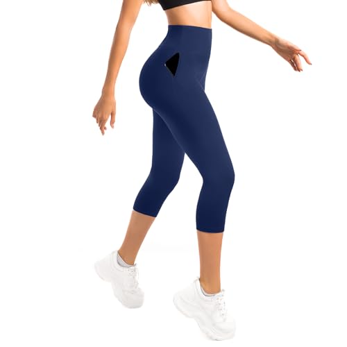 Sanpetix Cropped Leggings for Women UK, High Waisted 3/4 Leggings with Pockets for Workout Running Gym Yoga Navy Blue 1 Pack LXL