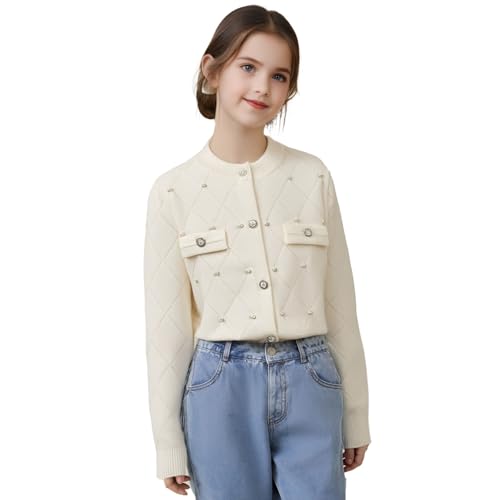 Danny D Girls Beaded Knit Cardigan Solid Short Style Front Button Closure Sweater Long Sleeve Elegant Outwear Coat Jacket